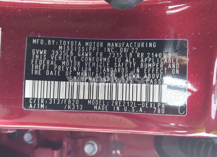 Photo 9 of 2022 Toyota Corolla LE (VIN 5YFVPMAE3NP355275)