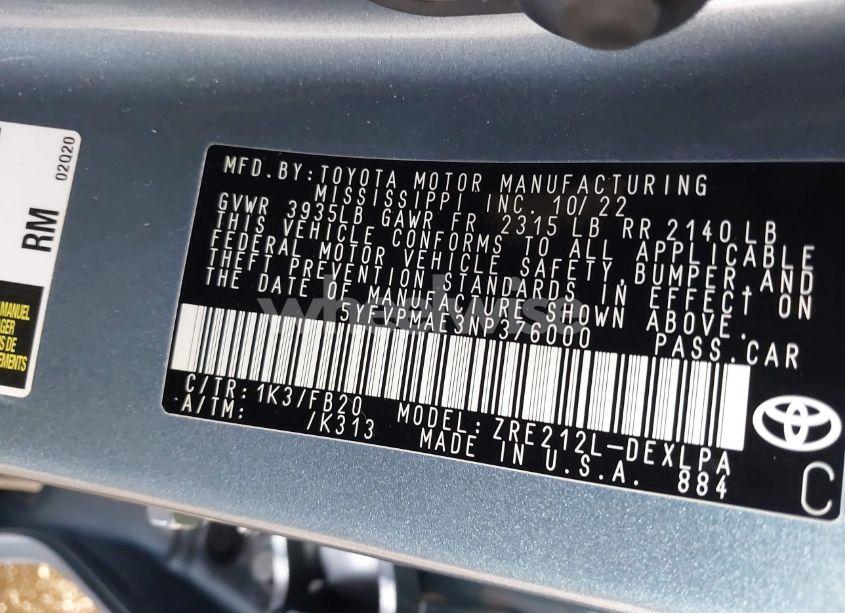 Photo 9 of 2022 Toyota Corolla LE (VIN 5YFVPMAE3NP376000)