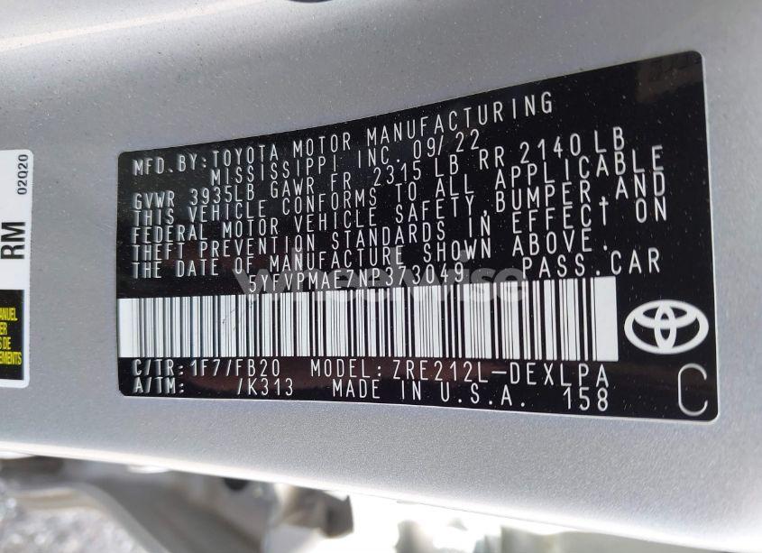 Photo 9 of 2022 Toyota Corolla LE (VIN 5YFVPMAE7NP373049)