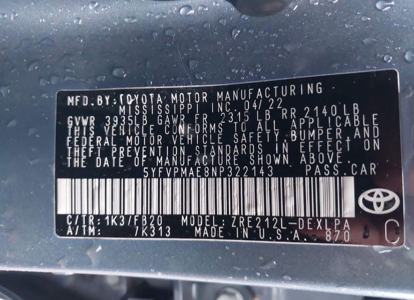 Photo 9 of 2022 Toyota Corolla LE (VIN 5YFVPMAE8NP322143)