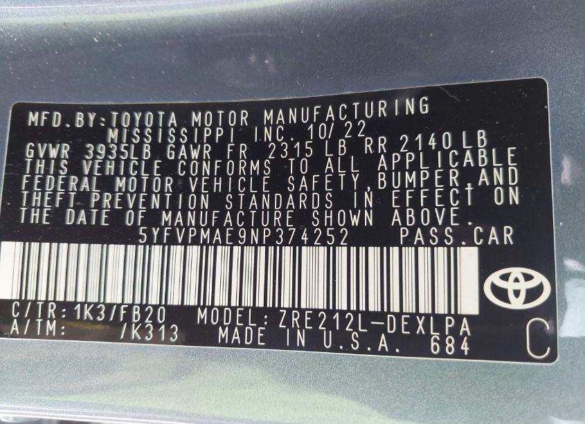 Photo 9 of 2022 Toyota Corolla LE (VIN 5YFVPMAE9NP374252)