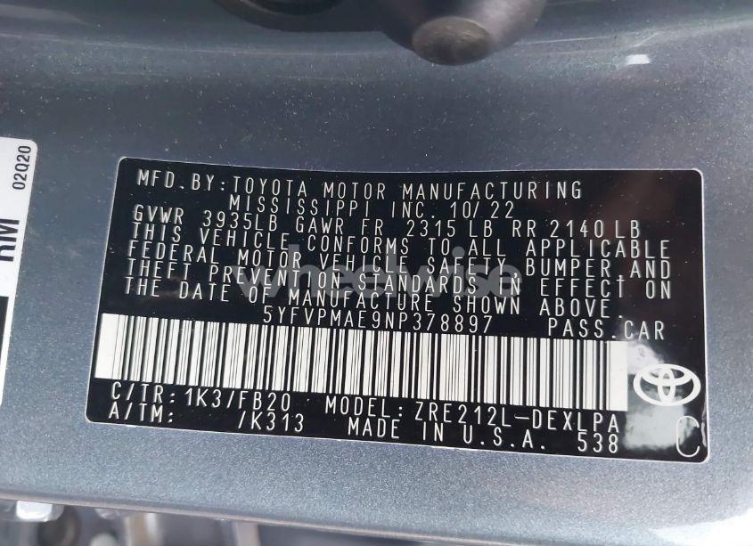 Photo 9 of 2022 Toyota Corolla LE (VIN 5YFVPMAE9NP378897)