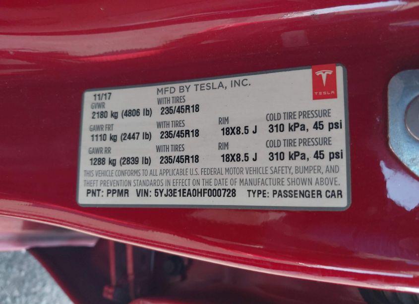 Photo 9 of 2017 Tesla Model 3 LONG RANGE/STANDARD (VIN 5YJ3E1EA0HF000728)