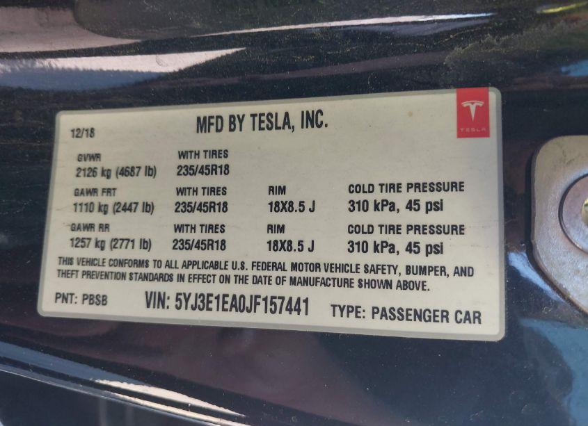 Photo 9 of 2018 Tesla Model 3 LONG RANGE/MID RANGE (VIN 5YJ3E1EA0JF157441)