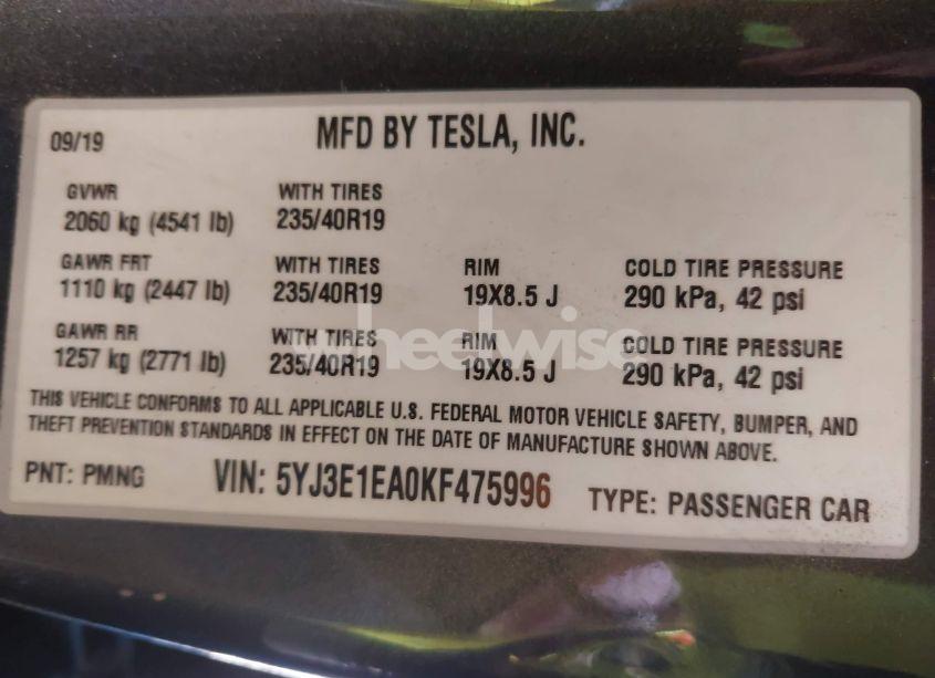 Photo 9 of 2019 Tesla Model 3 LONG RANGE/MID RANGE/STANDARD RANGE/STANDARD RANGE PLUS (VIN 5YJ3E1EA0KF475996)