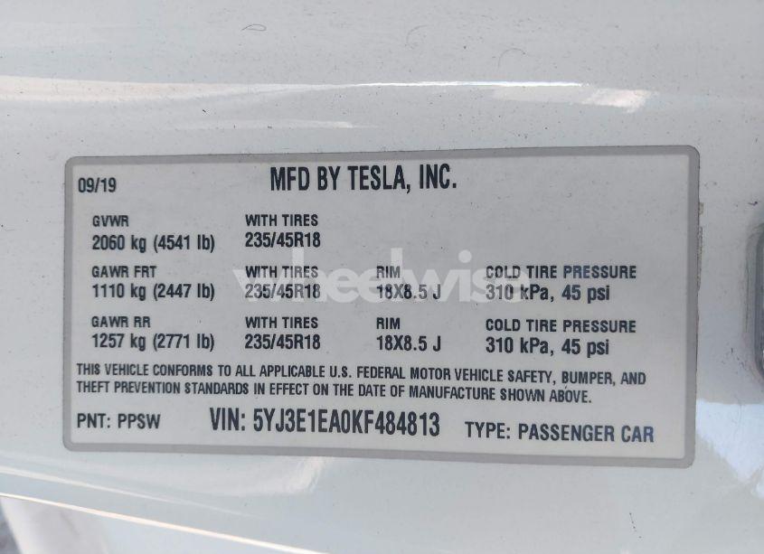 Photo 9 of 2019 Tesla Model 3 LONG RANGE/MID RANGE/STANDARD RANGE/STANDARD RANGE PLUS (VIN 5YJ3E1EA0KF484813)