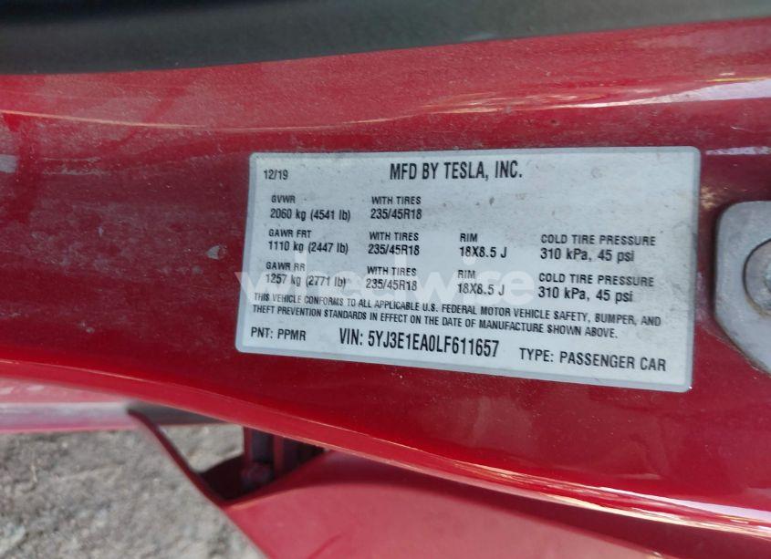 Photo 9 of 2020 Tesla Model 3 STANDARD RANGE PLUS REAR-WHEEL DRIVE/STANDARD RANGE REAR-WHEEL DRIVE (VIN 5YJ3E1EA0LF611657)