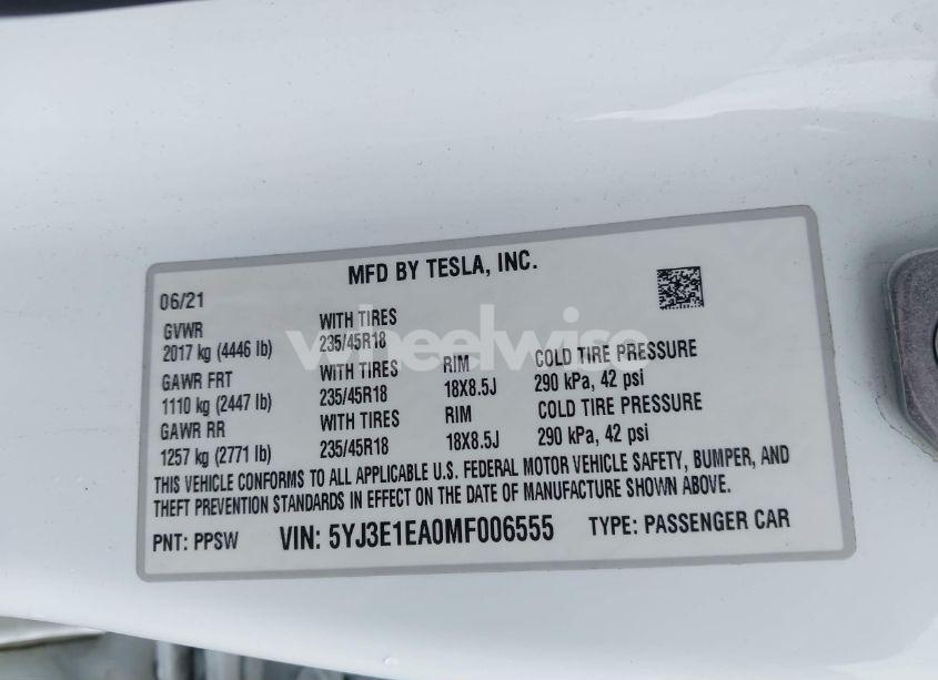Photo 9 of 2021 Tesla Model 3 STANDARD RANGE PLUS REAR-WHEEL DRIVE (VIN 5YJ3E1EA0MF006555)