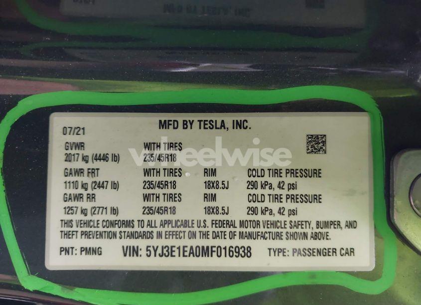Photo 9 of 2021 Tesla Model 3 STANDARD RANGE PLUS REAR-WHEEL DRIVE (VIN 5YJ3E1EA0MF016938)