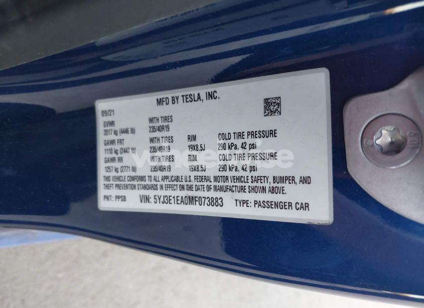 Photo 9 of 2021 Tesla Model 3 STANDARD RANGE PLUS REAR-WHEEL DRIVE (VIN 5YJ3E1EA0MF073883)