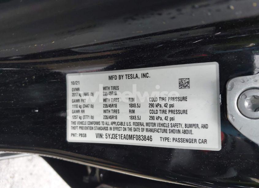 Photo 9 of 2021 Tesla Model 3 STANDARD RANGE PLUS REAR-WHEEL DRIVE (VIN 5YJ3E1EA0MF083846)
