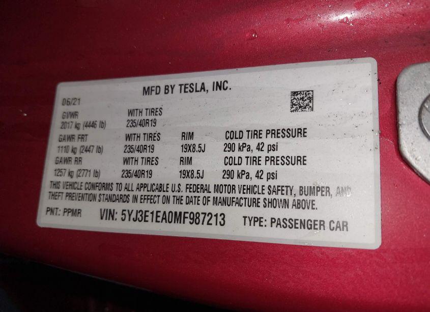 Photo 8 of 2021 Tesla Model 3 STANDARD RANGE PLUS REAR-WHEEL DRIVE (VIN 5YJ3E1EA0MF987213)