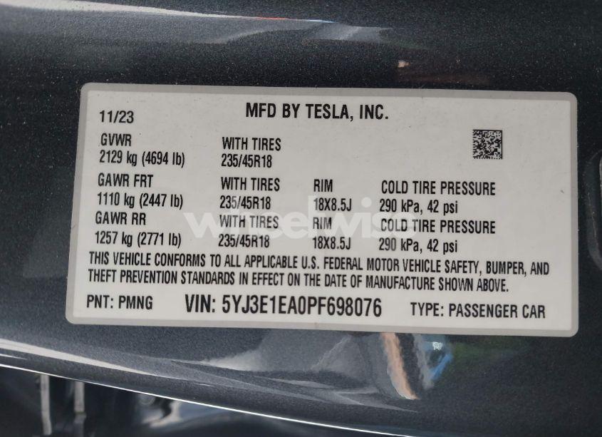 Photo 9 of 2023 Tesla Model 3 REAR-WHEEL DRIVE (VIN 5YJ3E1EA0PF698076)