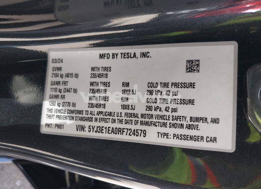 Photo 9 of 2024 Tesla Model 3 LONG RANGE DUAL MOTOR ALL-WHEEL DRIVE/REAR-WHEEL DRIVE (VIN 5YJ3E1EA0RF724579)