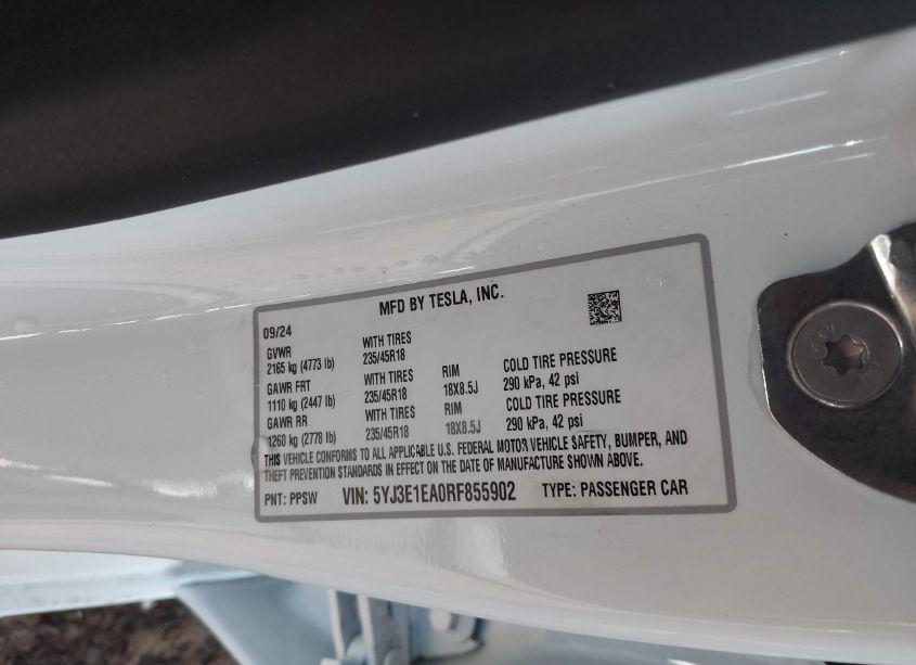Photo 9 of 2024 Tesla Model 3 REAR-WHEEL DRIVE (VIN 5YJ3E1EA0RF855902)