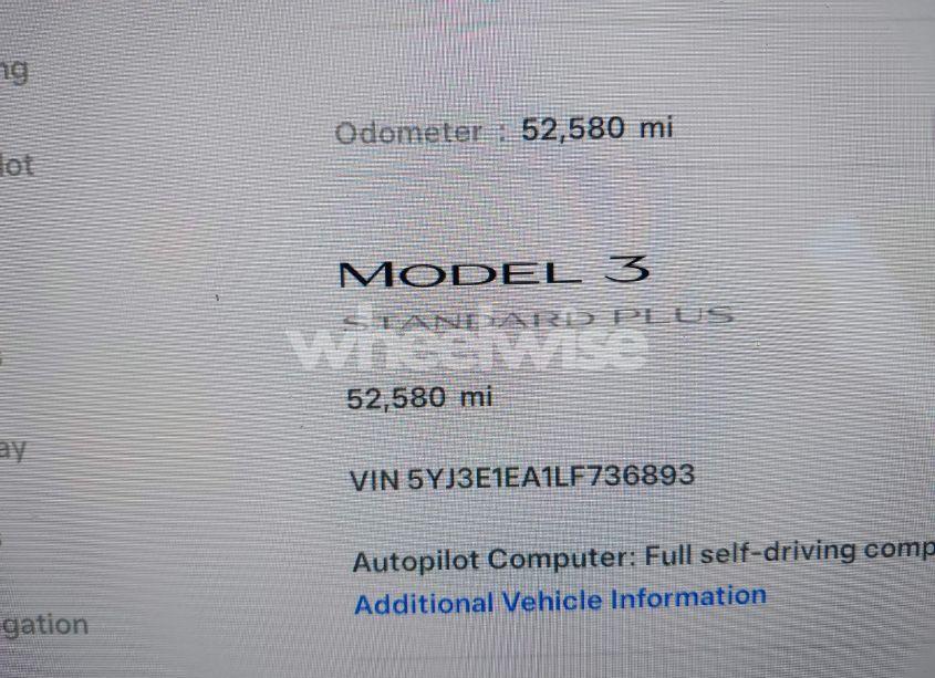 Photo 7 of 2020 Tesla Model 3 STANDARD RANGE PLUS REAR-WHEEL DRIVE/STANDARD RANGE REAR-WHEEL DRIVE (VIN 5YJ3E1EA1LF736893)