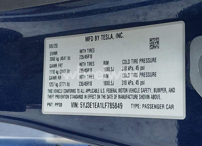 Photo 9 of 2020 Tesla Model 3 STANDARD RANGE PLUS REAR-WHEEL DRIVE/STANDARD RANGE REAR-WHEEL DRIVE (VIN 5YJ3E1EA1LF785849)