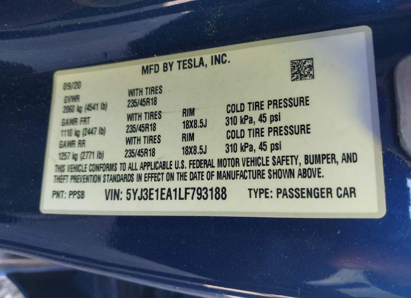Photo 9 of 2020 Tesla Model 3 STANDARD RANGE PLUS REAR-WHEEL DRIVE/STANDARD RANGE REAR-WHEEL DRIVE (VIN 5YJ3E1EA1LF793188)
