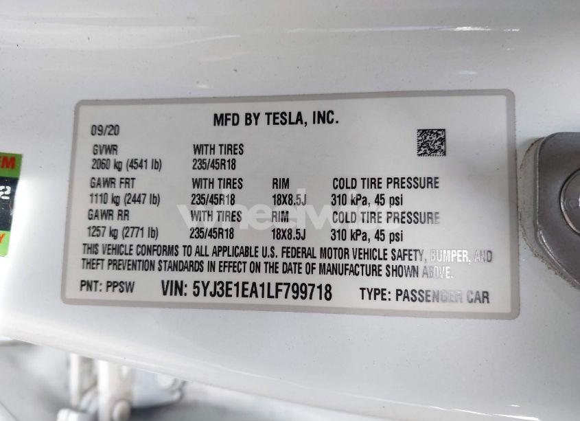 Photo 9 of 2020 Tesla Model 3 STANDARD RANGE PLUS REAR-WHEEL DRIVE/STANDARD RANGE REAR-WHEEL DRIVE (VIN 5YJ3E1EA1LF799718)