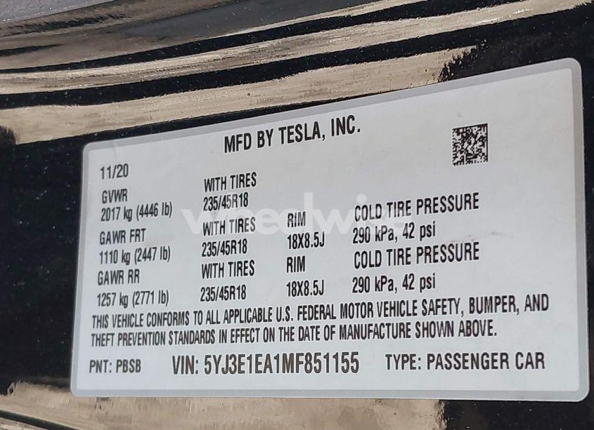 Photo 9 of 2021 Tesla Model 3 STANDARD RANGE PLUS REAR-WHEEL DRIVE (VIN 5YJ3E1EA1MF851155)