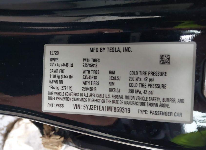 Photo 9 of 2021 Tesla Model 3 STANDARD RANGE PLUS REAR-WHEEL DRIVE (VIN 5YJ3E1EA1MF859319)