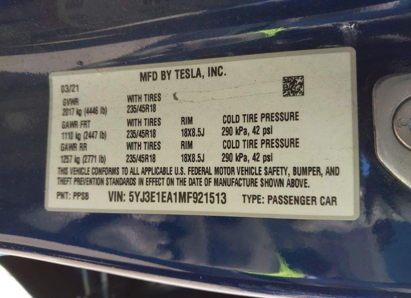 Photo 9 of 2021 Tesla Model 3 STANDARD RANGE PLUS REAR-WHEEL DRIVE (VIN 5YJ3E1EA1MF921513)