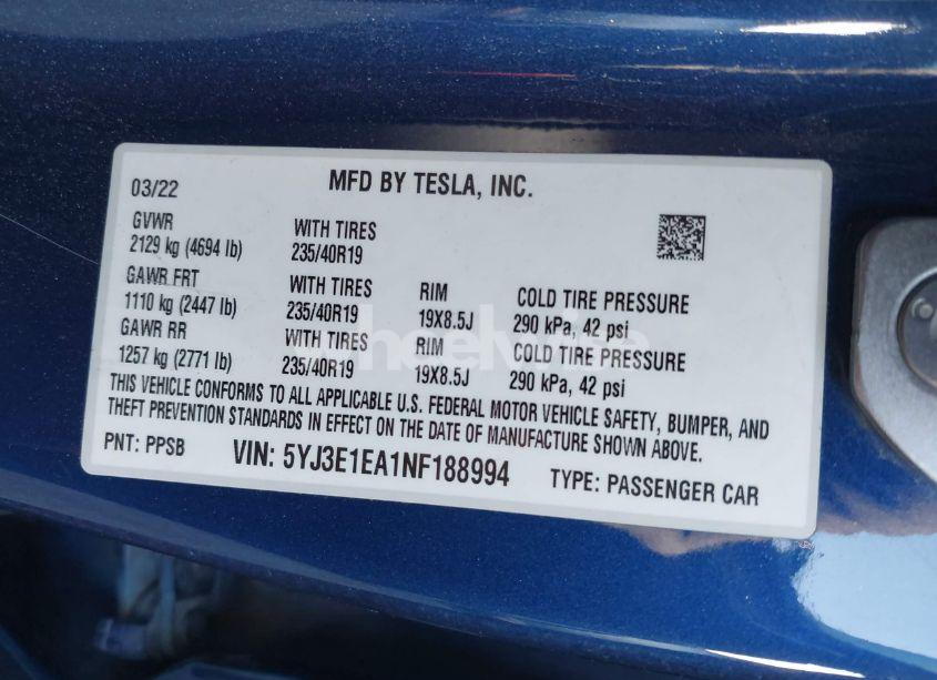 Photo 9 of 2022 Tesla Model 3 REAR-WHEEL DRIVE (VIN 5YJ3E1EA1NF188994)