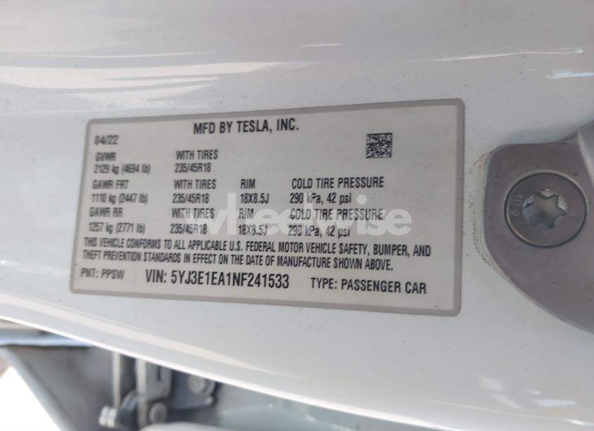 Photo 9 of 2022 Tesla Model 3 REAR-WHEEL DRIVE (VIN 5YJ3E1EA1NF241533)