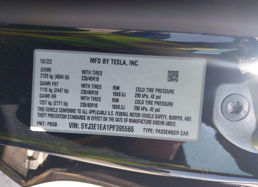 Photo 9 of 2023 Tesla Model 3 REAR-WHEEL DRIVE (VIN 5YJ3E1EA1PF395565)