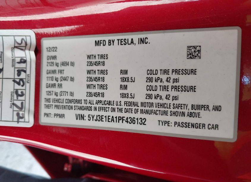 Photo 9 of 2023 Tesla Model 3 REAR-WHEEL DRIVE (VIN 5YJ3E1EA1PF436132)
