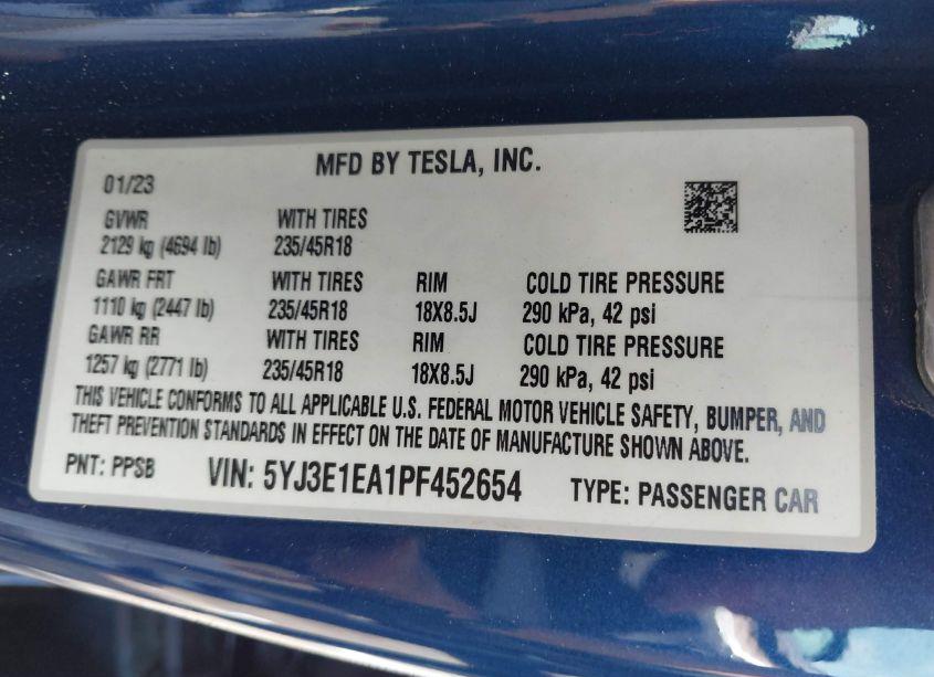 Photo 9 of 2023 Tesla Model 3 REAR-WHEEL DRIVE (VIN 5YJ3E1EA1PF452654)