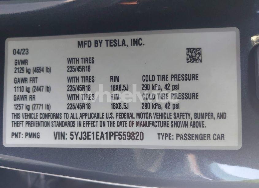 Photo 9 of 2023 Tesla Model 3 REAR-WHEEL DRIVE (VIN 5YJ3E1EA1PF559820)