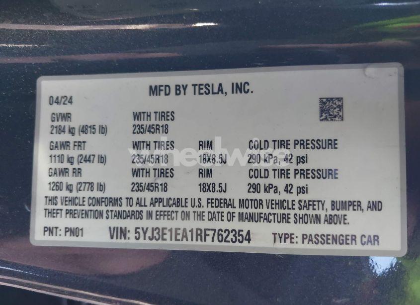 Photo 9 of 2024 Tesla Model 3 LONG RANGE DUAL MOTOR ALL-WHEEL DRIVE/REAR-WHEEL DRIVE (VIN 5YJ3E1EA1RF762354)