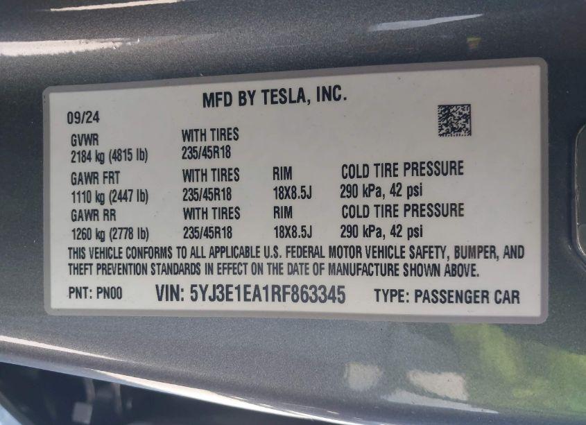 Photo 9 of 2024 Tesla Model 3 REAR-WHEEL DRIVE (VIN 5YJ3E1EA1RF863345)