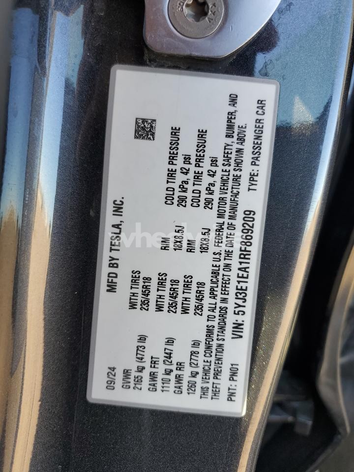 Photo 12 of 2024 TESLA MODEL 3 (VIN 5YJ3E1EA1RF869209)