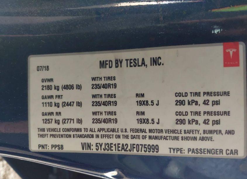 Photo 9 of 2018 Tesla Model 3 (VIN 5YJ3E1EA2JF075999)