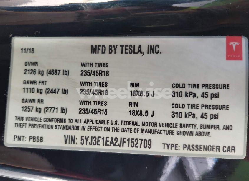 Photo 9 of 2018 Tesla Model 3 (VIN 5YJ3E1EA2JF152709)