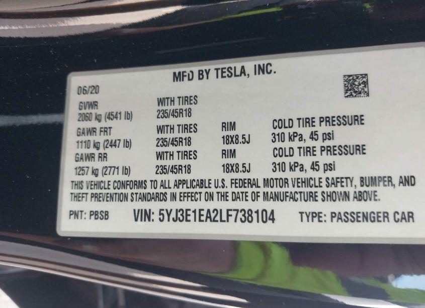 Photo 9 of 2020 Tesla Model 3 STANDARD RANGE PLUS REAR-WHEEL DRIVE/STANDARD RANGE REAR-WHEEL DRIVE (VIN 5YJ3E1EA2LF738104)