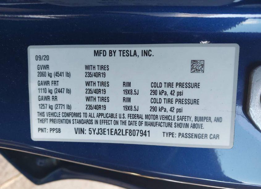 Photo 9 of 2020 Tesla Model 3 STANDARD RANGE PLUS REAR-WHEEL DRIVE/STANDARD RANGE REAR-WHEEL DRIVE (VIN 5YJ3E1EA2LF807941)