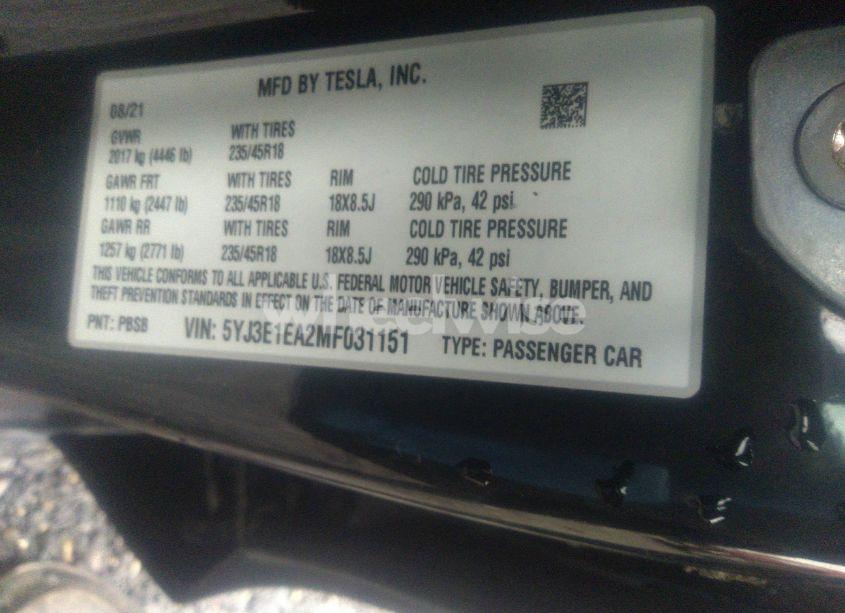 Photo 9 of 2021 Tesla Model 3 STANDARD RANGE PLUS REAR-WHEEL DRIVE (VIN 5YJ3E1EA2MF031151)