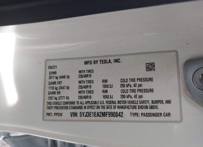 Photo 9 of 2021 Tesla Model 3 STANDARD RANGE PLUS REAR-WHEEL DRIVE (VIN 5YJ3E1EA2MF990842)