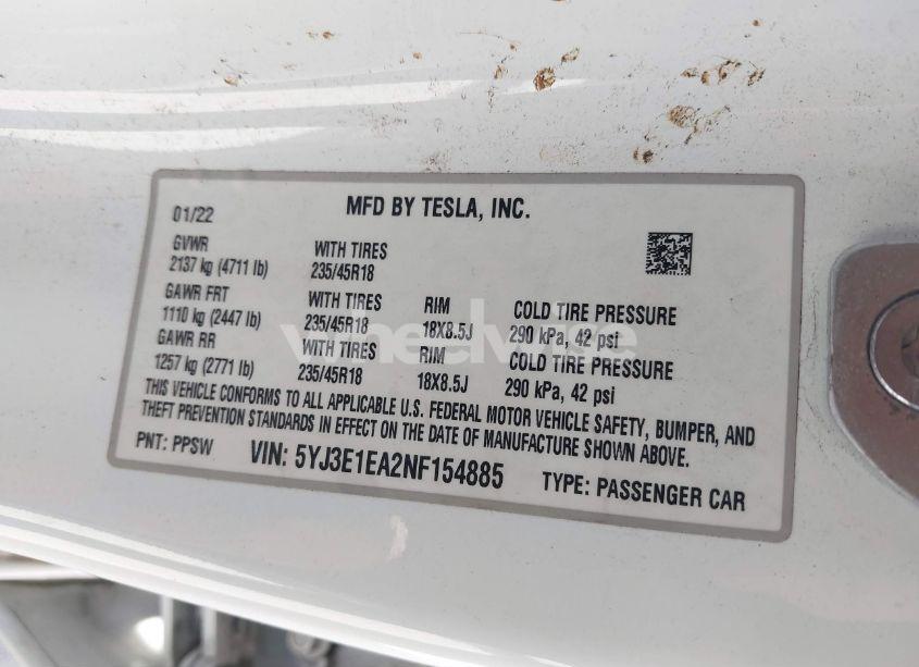 Photo 9 of 2022 Tesla Model 3 REAR-WHEEL DRIVE (VIN 5YJ3E1EA2NF154885)