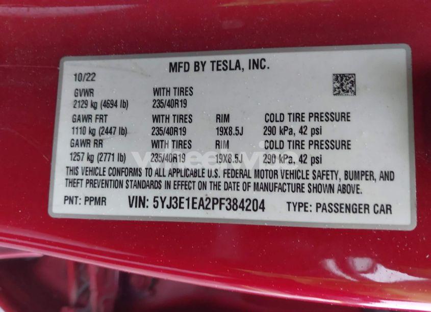 Photo 9 of 2023 Tesla Model 3 REAR-WHEEL DRIVE (VIN 5YJ3E1EA2PF384204)