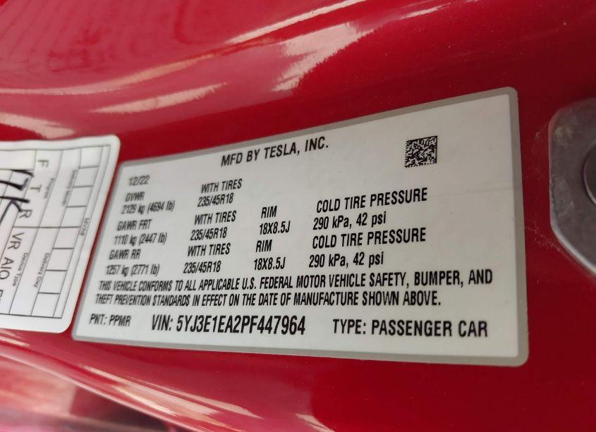 Photo 9 of 2023 Tesla Model 3 REAR-WHEEL DRIVE (VIN 5YJ3E1EA2PF447964)