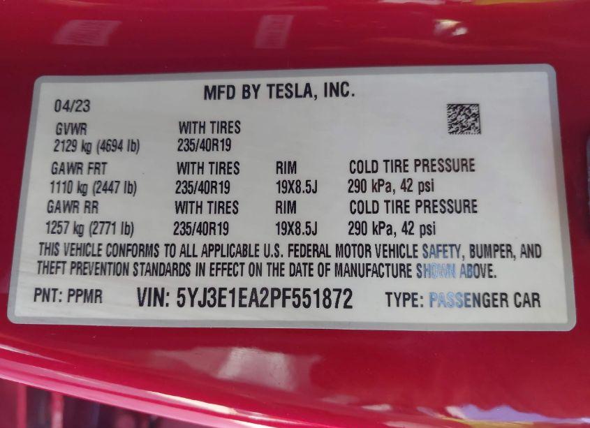 Photo 9 of 2023 Tesla Model 3 REAR-WHEEL DRIVE (VIN 5YJ3E1EA2PF551872)
