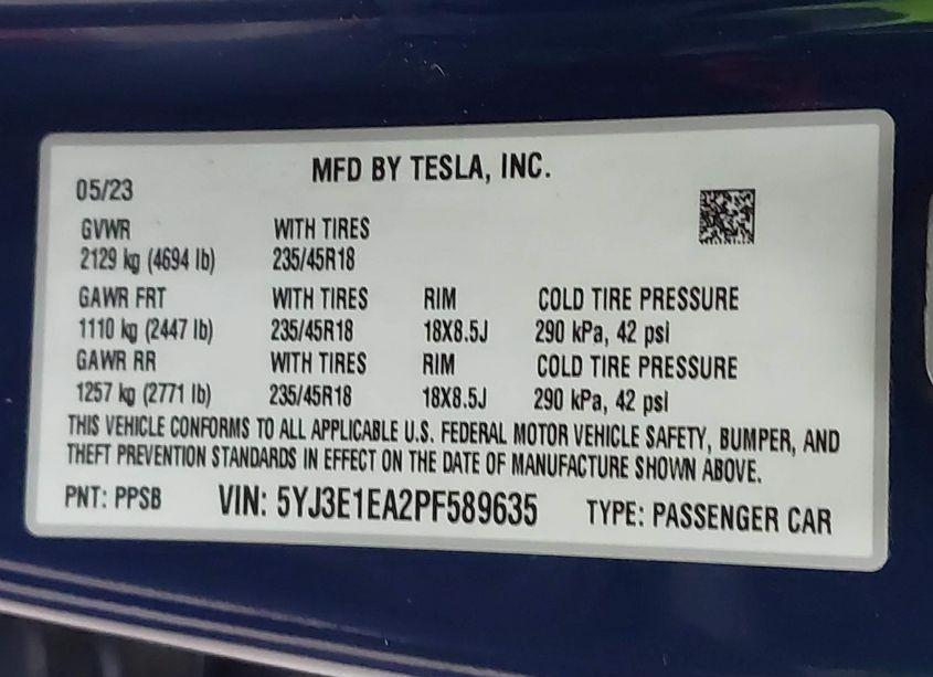 Photo 9 of 2023 Tesla Model 3 REAR-WHEEL DRIVE (VIN 5YJ3E1EA2PF589635)