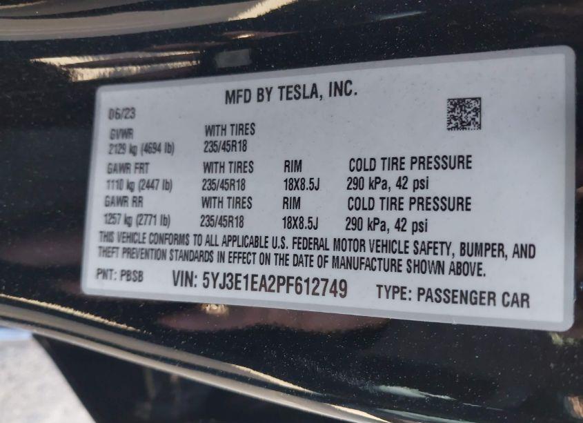 Photo 9 of 2023 Tesla Model 3 REAR-WHEEL DRIVE (VIN 5YJ3E1EA2PF612749)
