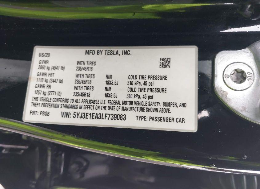 Photo 9 of 2020 Tesla Model 3 STANDARD RANGE PLUS REAR-WHEEL DRIVE/STANDARD RANGE REAR-WHEEL DRIVE (VIN 5YJ3E1EA3LF739083)