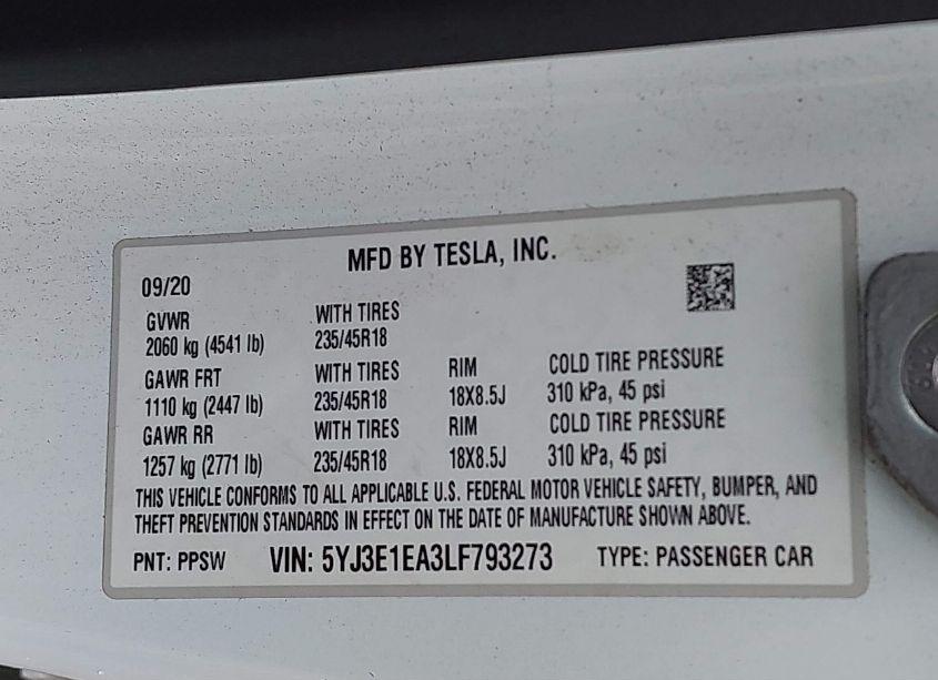 Photo 9 of 2020 Tesla Model 3 STANDARD RANGE PLUS REAR-WHEEL DRIVE/STANDARD RANGE REAR-WHEEL DRIVE (VIN 5YJ3E1EA3LF793273)