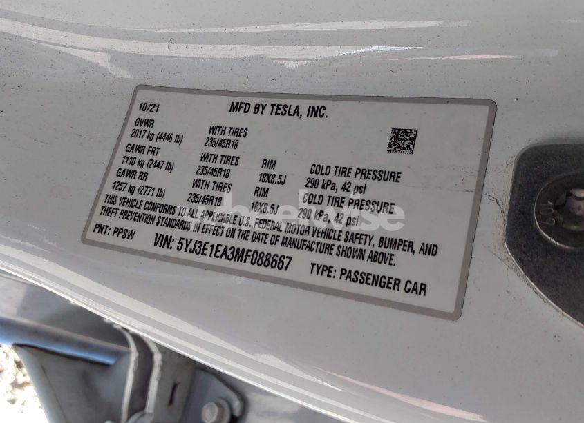 Photo 9 of 2021 Tesla Model 3 STANDARD RANGE PLUS REAR-WHEEL DRIVE (VIN 5YJ3E1EA3MF088667)